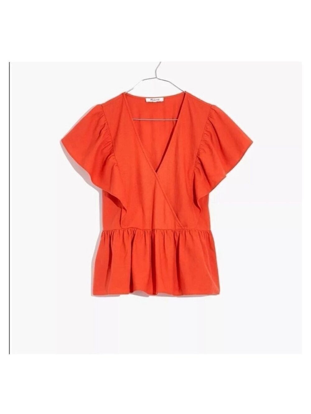 Madewell NWT Linen-Blend Flutter-Sleeve Peplum Top, Small, Orange